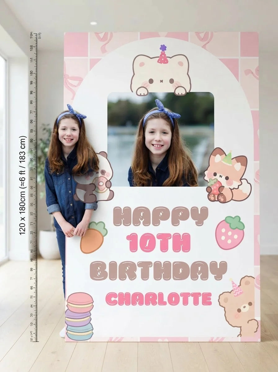 Person standing beside the Kawaii Birthday Party Mega Card for scale in a size guide