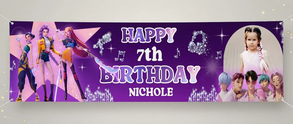 Personalised KPOP Demon Hunter Birthday Party Banner displayed against a plain studio background