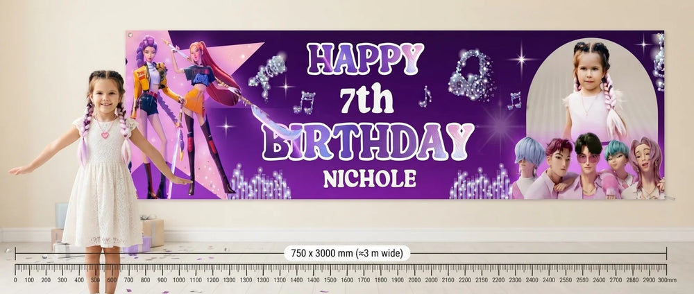 Person standing beside the KPOP Demon Hunter Birthday Party Banner for scale, with size guide showing 750 x 3000 mm