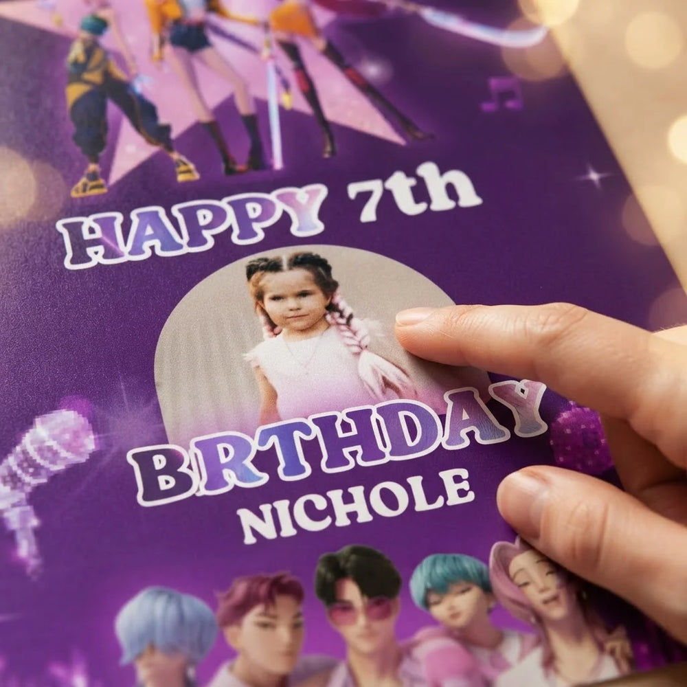 Close-up of the personalised name and photo printed on the KPOP Demon Hunter Birthday Party Mega Card