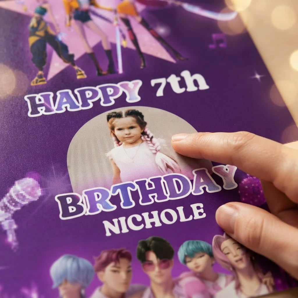 Close-up of the personalised name and photo printed on the KPOP Demon Hunter Birthday Party Mega Card