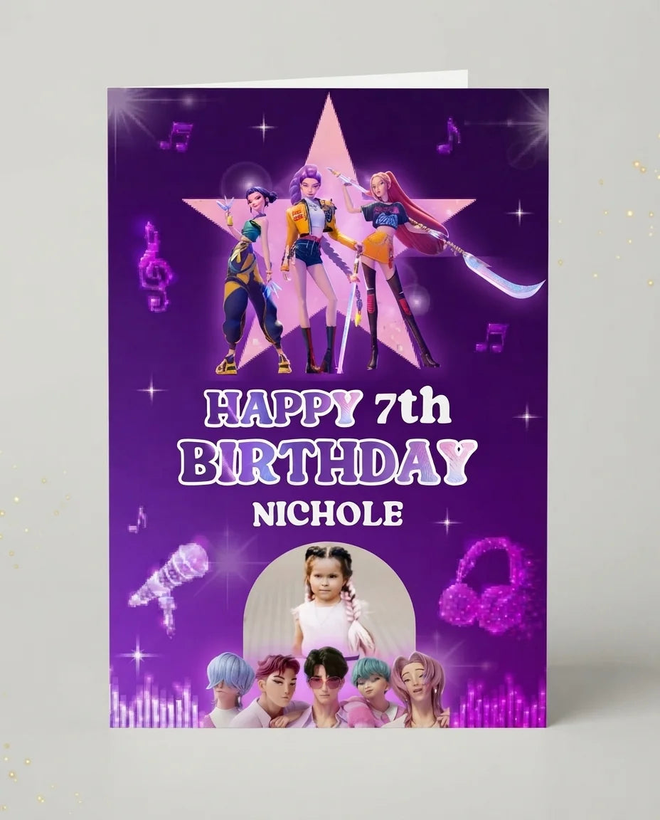 Personalised KPOP Demon Hunter Birthday Party Mega Card displayed against a plain studio background
