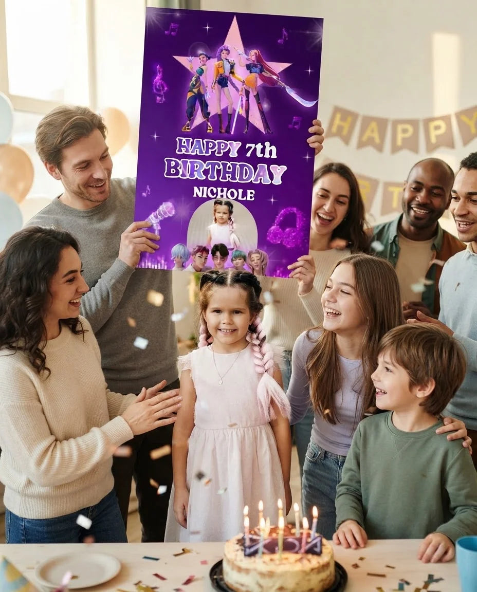 Friends and family celebrating with the personalised KPOP Demon Hunter Birthday Party Mega Card