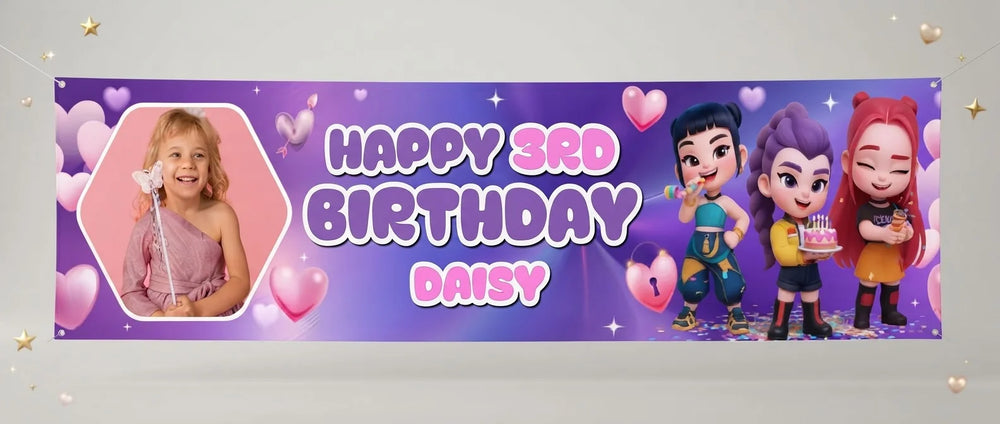Personalised KPOP Demon Hunter Heart Birthday Party Banner displayed against a plain studio background