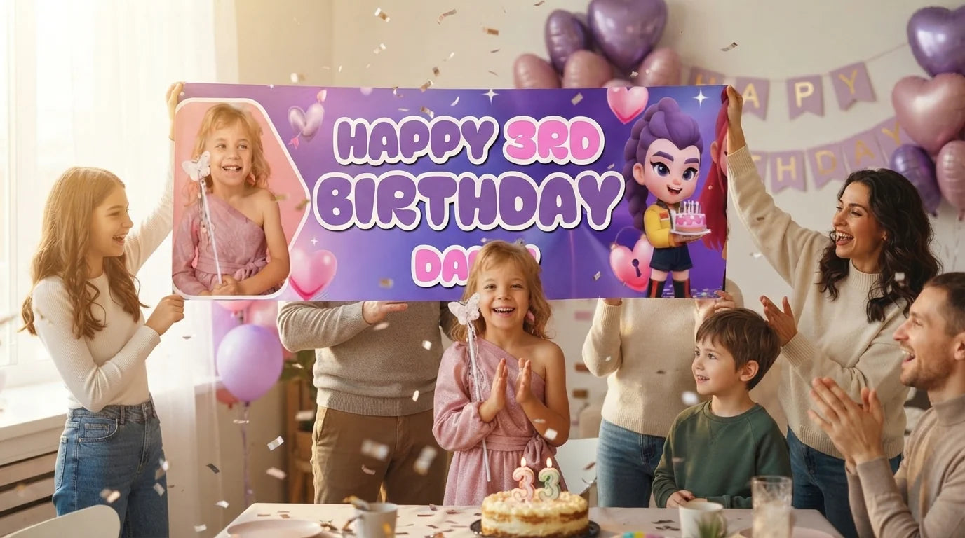 Friends and family celebrating with the personalised KPOP Demon Hunter Heart Birthday Party Banner