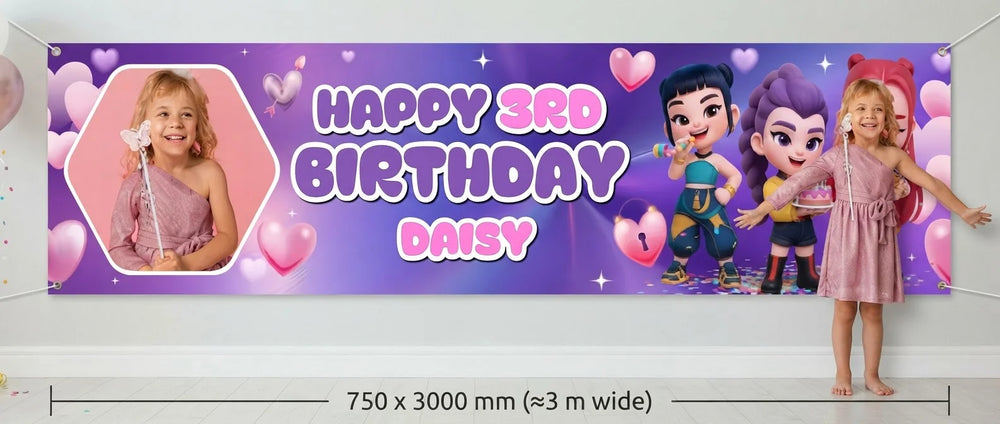 Person standing beside the KPOP Demon Hunter Heart Birthday Party Banner for scale, with size guide showing 750 x 3000 mm