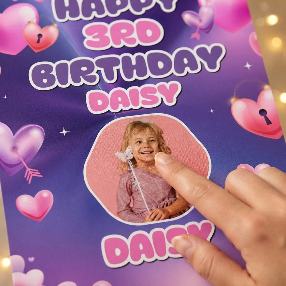 Close-up of the personalised name and photo printed on the KPOP Demon Hunter Heart Birthday Party Mega Card