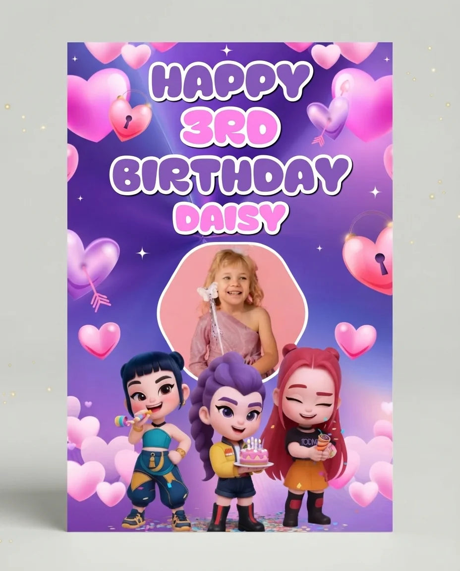 Personalised KPOP Demon Hunter Heart Birthday Party Mega Card displayed against a plain studio background