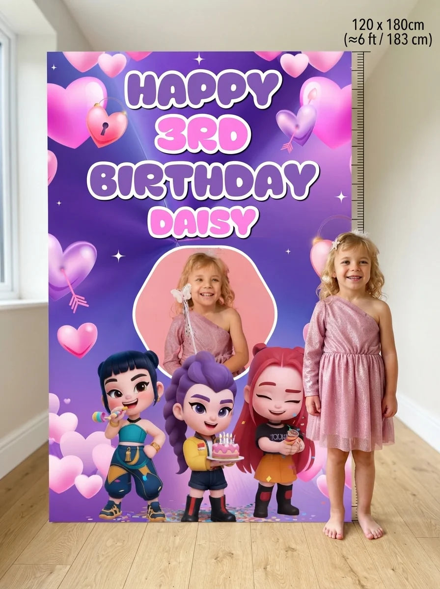 Person standing beside the KPOP Demon Hunter Heart Birthday Party Mega Card for scale in a size guide
