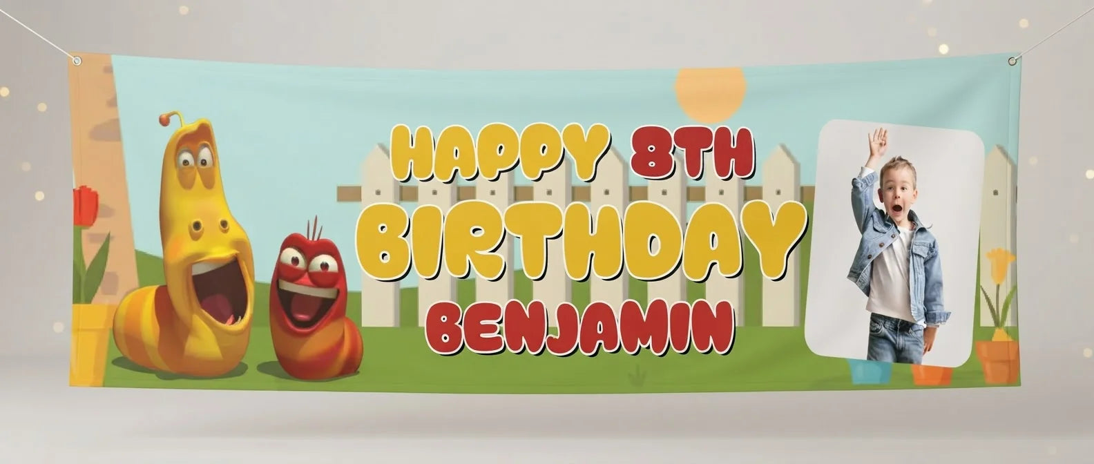 Personalised Larva Birthday Banner displayed against a plain studio background