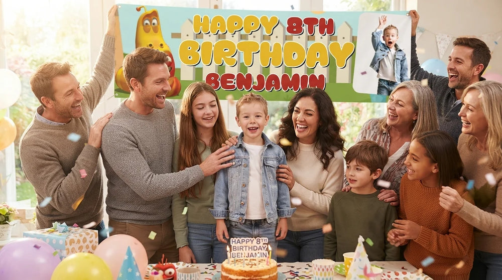 Friends and family celebrating with the personalised Larva Birthday Banner