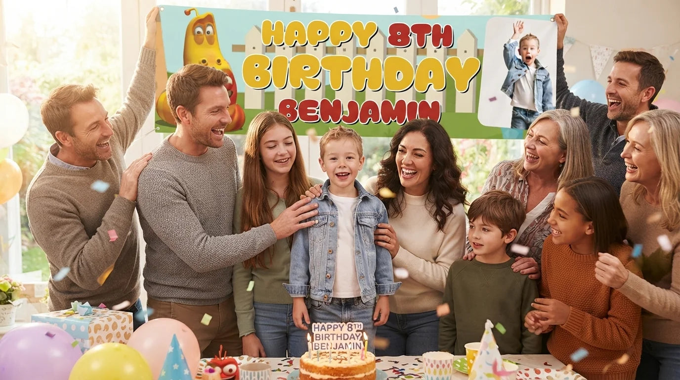 Friends and family celebrating with the personalised Larva Birthday Banner