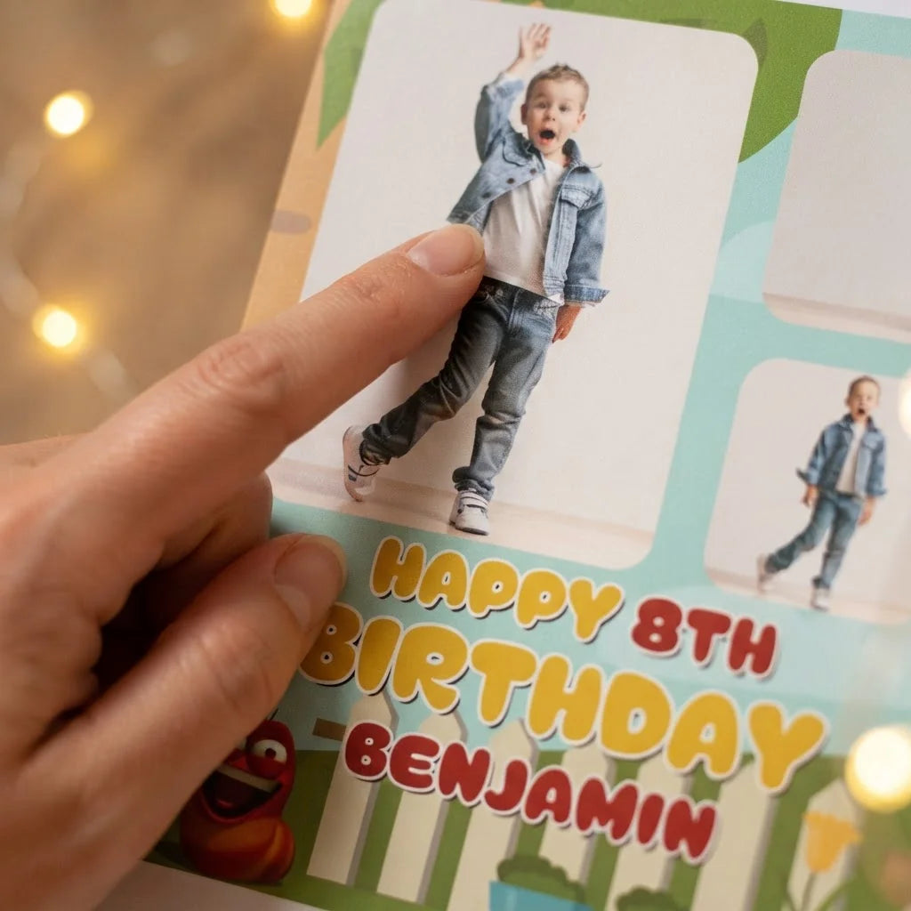 Close-up of the personalised name and photo printed on the Larva Mega Card
