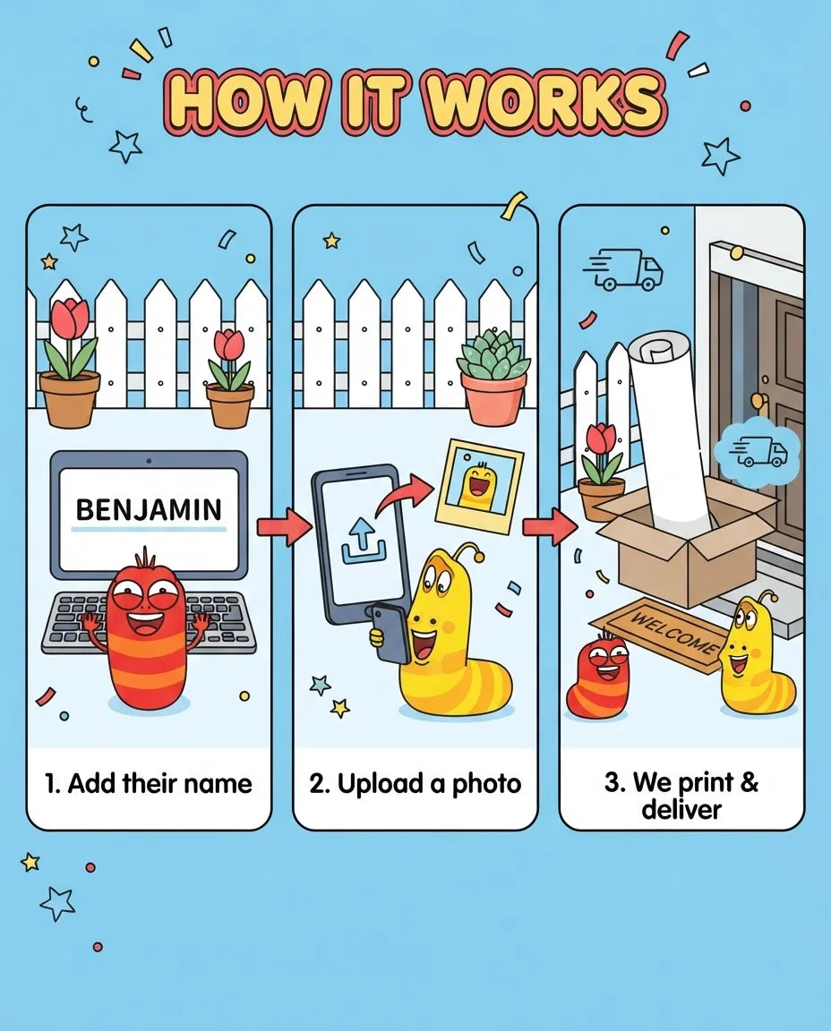 How it works: add a name, upload a photo, and we print and deliver the Larva Mega Card