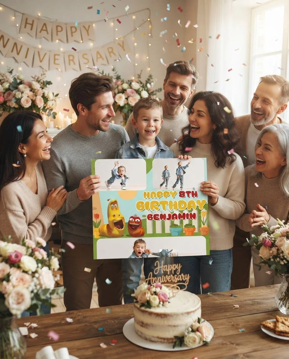 Friends and family celebrating with the personalised Larva Mega Card