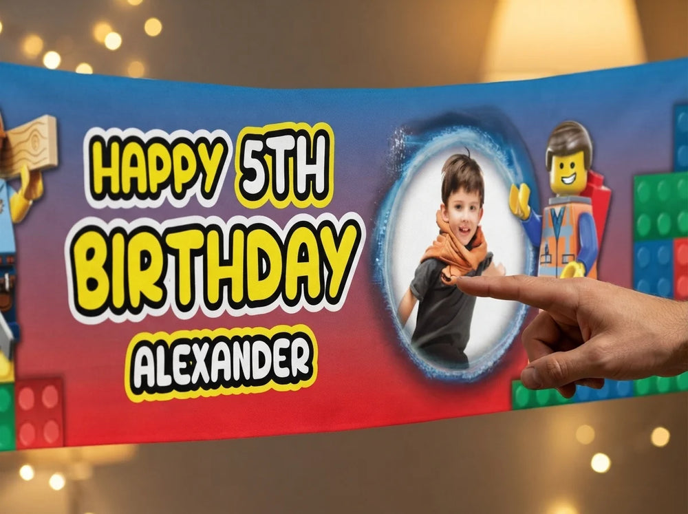 Close-up of the personalised name and photo printed on the Lego Birthday Banner