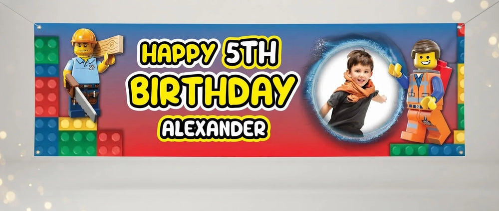 Personalised Lego Birthday Banner displayed against a plain studio background