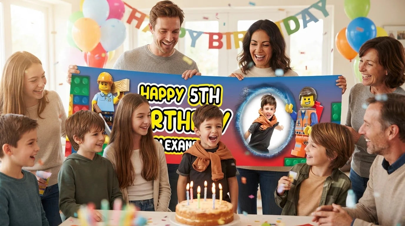 Friends and family celebrating with the personalised Lego Birthday Banner