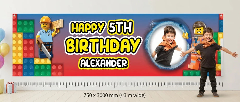 Person standing beside the Lego Birthday Banner for scale, with size guide showing 750 x 3000 mm