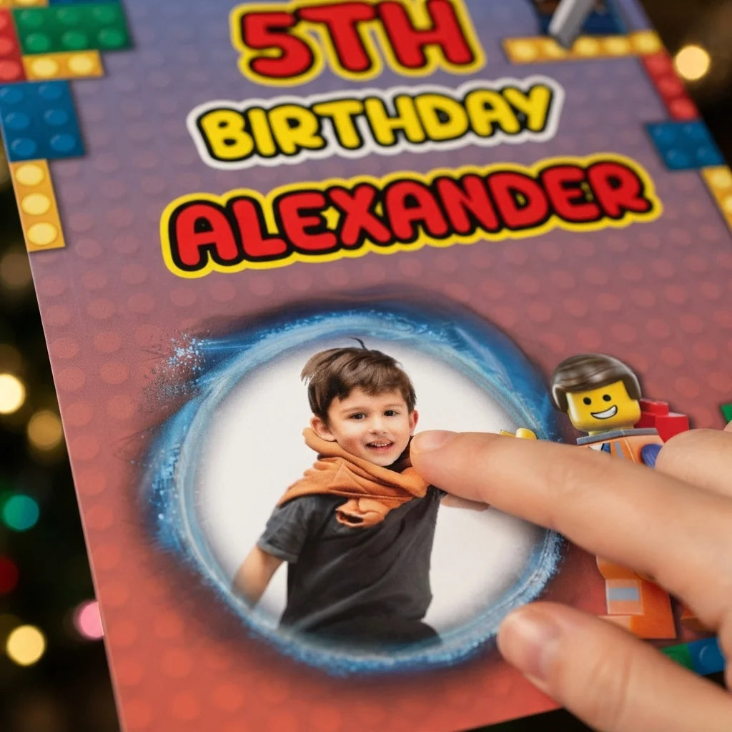 Close-up of the personalised name and photo printed on the Lego Mega Card