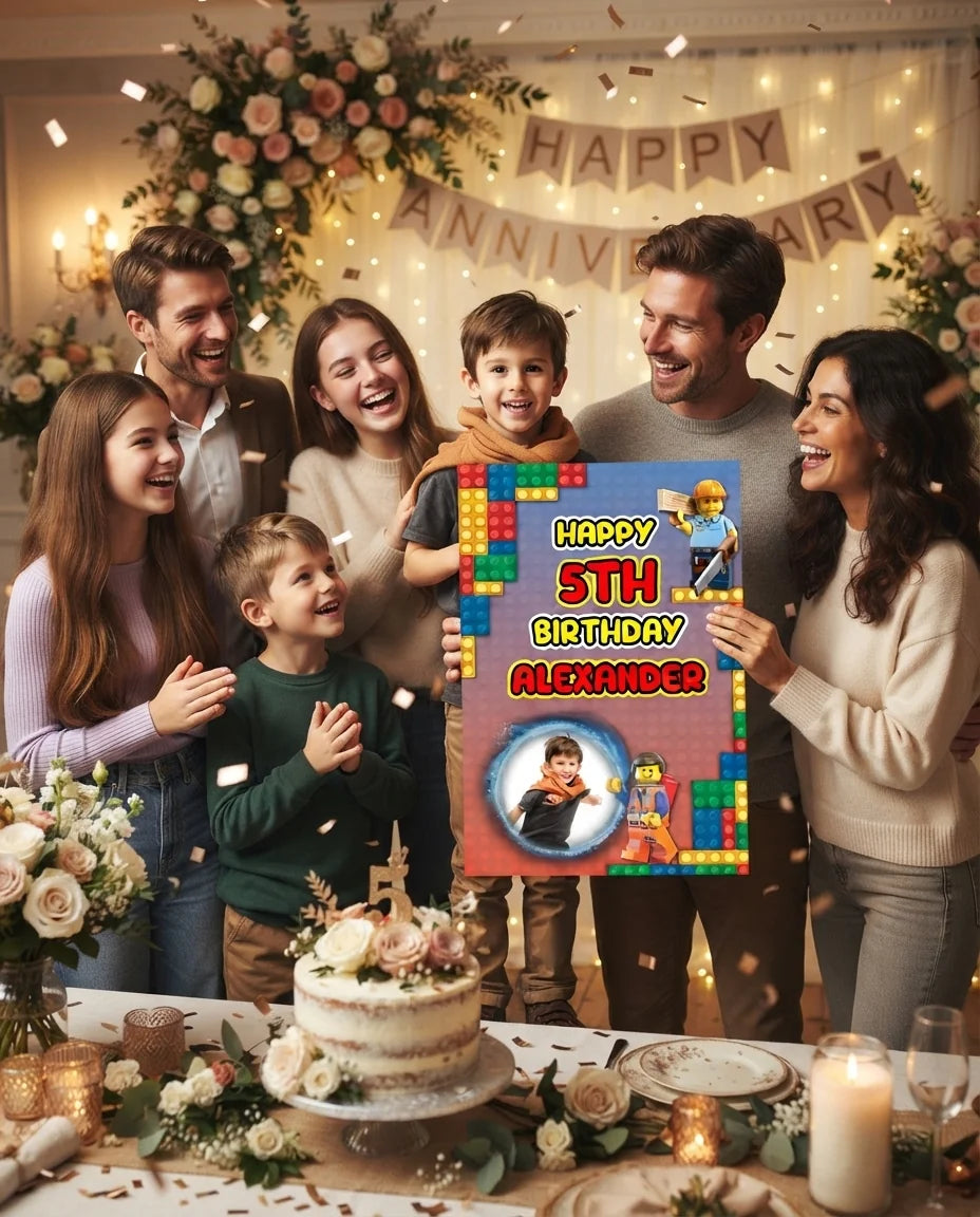 Friends and family celebrating with the personalised Lego Mega Card