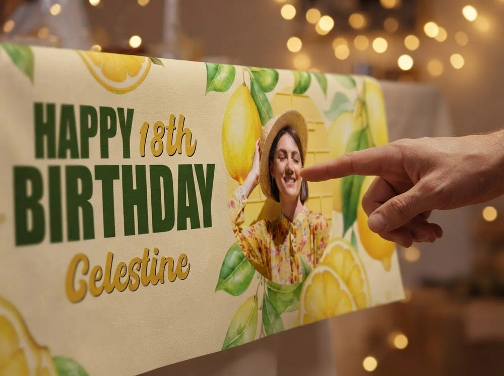 Close-up of the personalised name and photo printed on the Lemon Theme Birthday Party Banner