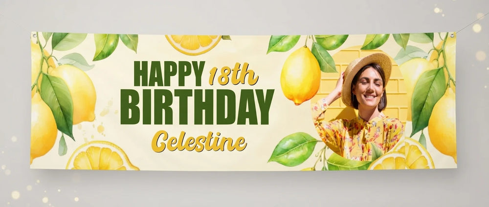 Personalised Lemon Theme Birthday Party Banner displayed against a plain studio background