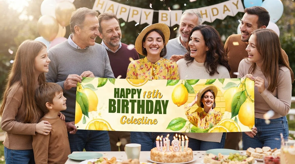 Friends and family celebrating with the personalised Lemon Theme Birthday Party Banner