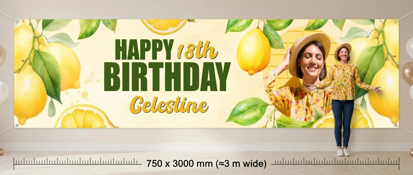 Person standing beside the Lemon Theme Birthday Party Banner for scale, with size guide showing 750 x 3000 mm