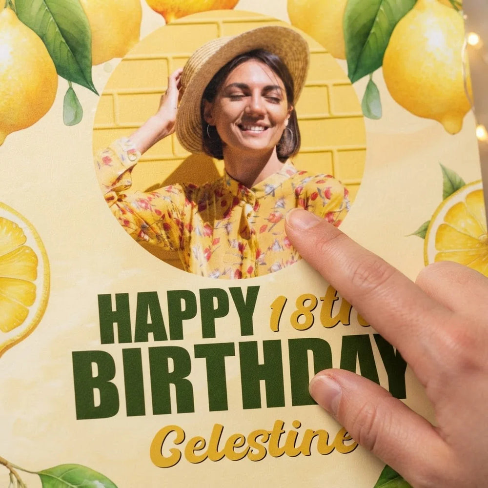 Close-up of the personalised name and photo printed on the Lemon Theme Birthday Party Mega Card