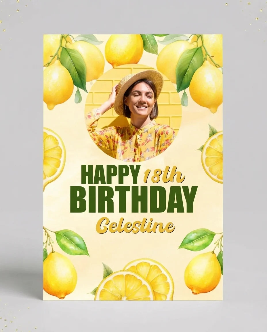 Personalised Lemon Theme Birthday Party Mega Card displayed against a plain studio background