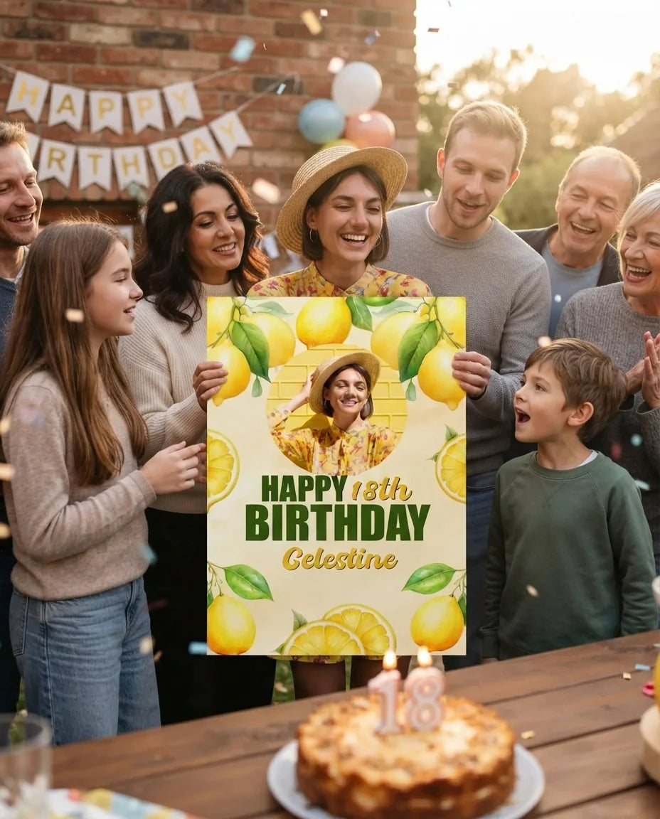 Friends and family celebrating with the personalised Lemon Theme Birthday Party Mega Card