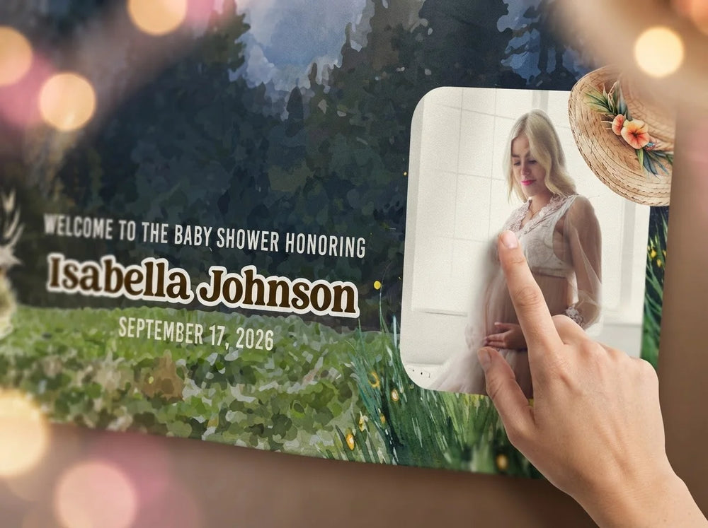 Close-up of the personalised name and photo printed on the Let the Adventure Begin Baby Shower Party Banner