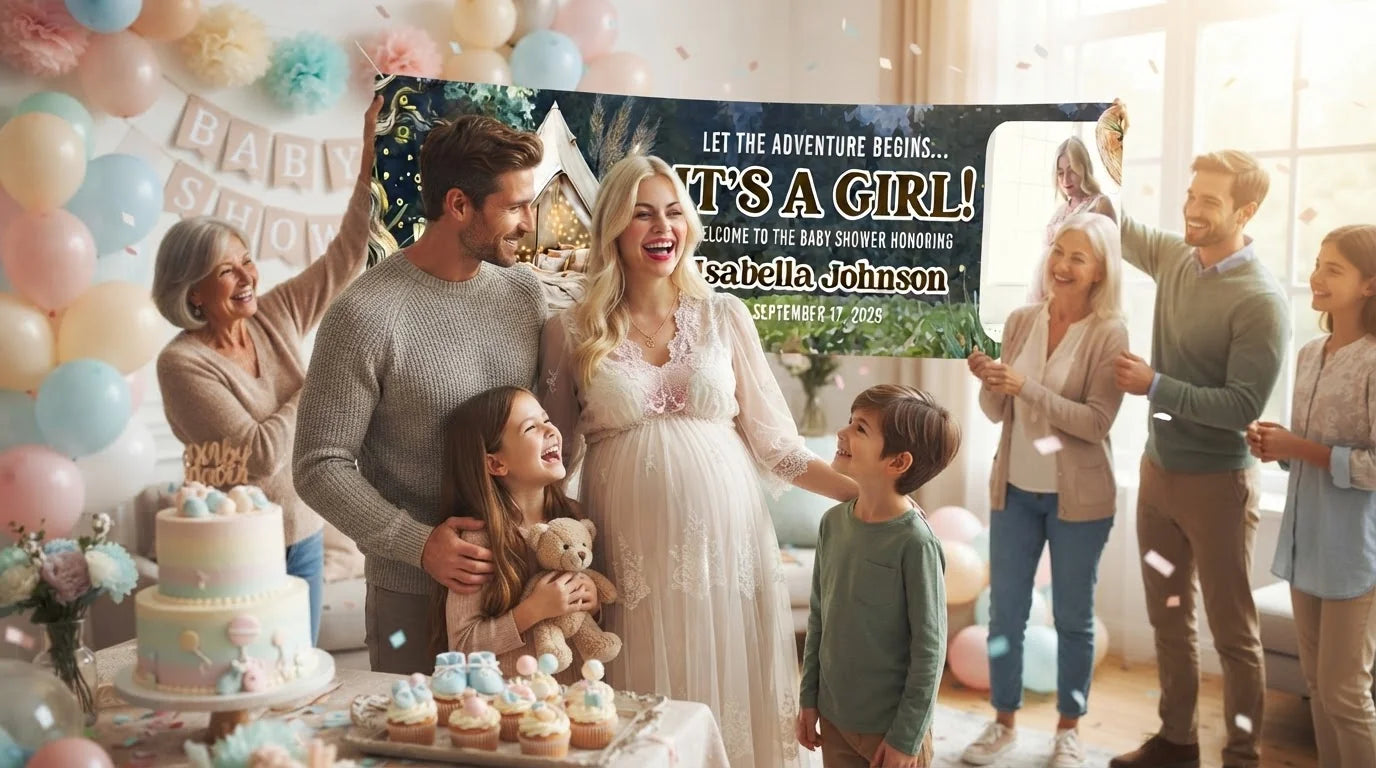 Friends and family celebrating with the personalised Let the Adventure Begin Baby Shower Party Banner
