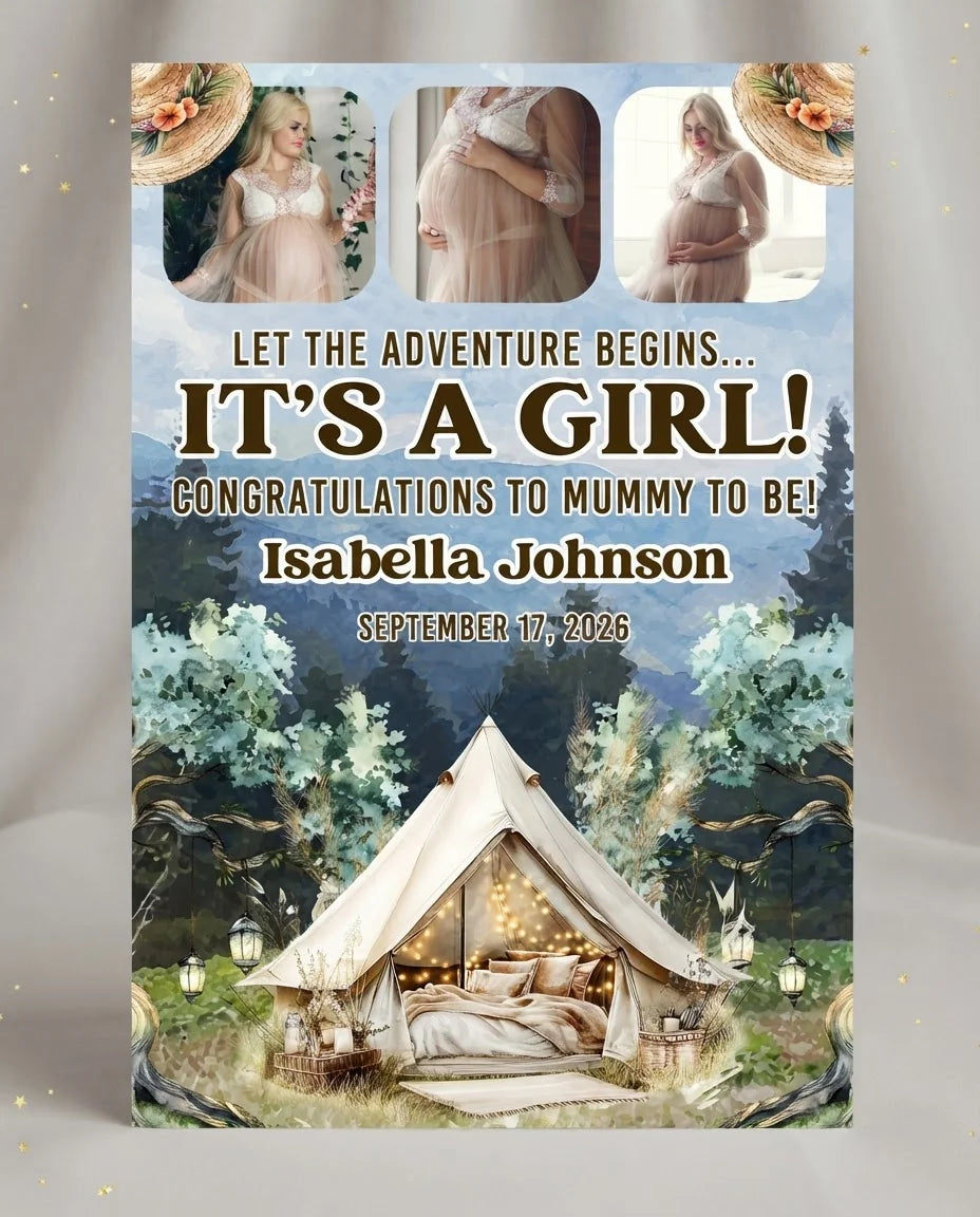 Personalised Let the Adventure Begin Baby Shower Party Mega Card displayed against a plain studio background