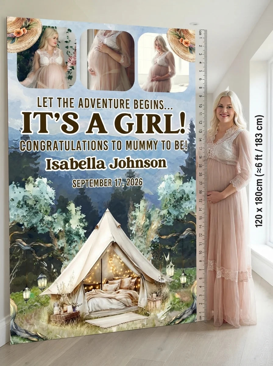 Person standing beside the Let the Adventure Begin Baby Shower Party Mega Card for scale in a size guide