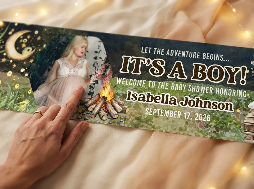 Close-up of the personalised name and photo printed on the Let The Adventure It's a Boy Baby Shower Party Banner