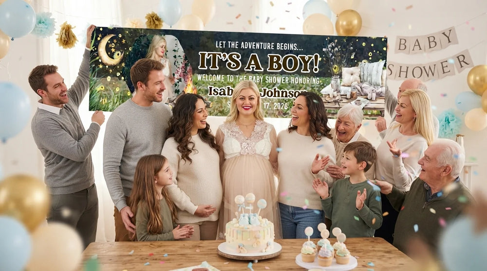 Friends and family celebrating with the personalised Let The Adventure It's a Boy Baby Shower Party Banner
