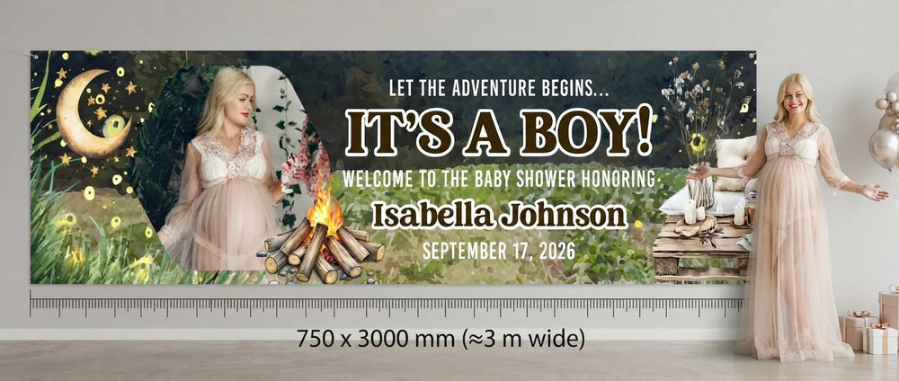 Person standing beside the Let The Adventure It's a Boy Baby Shower Party Banner for scale, with size guide showing 750 x 3000 mm
