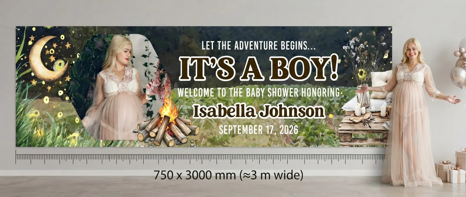 Person standing beside the Let The Adventure It's a Boy Baby Shower Party Banner for scale, with size guide showing 750 x 3000 mm