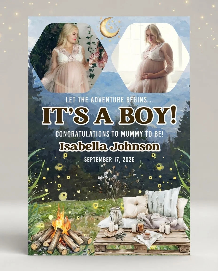Personalised Let The Adventure It's a Boy Baby Shower Party Mega Card displayed against a plain studio background