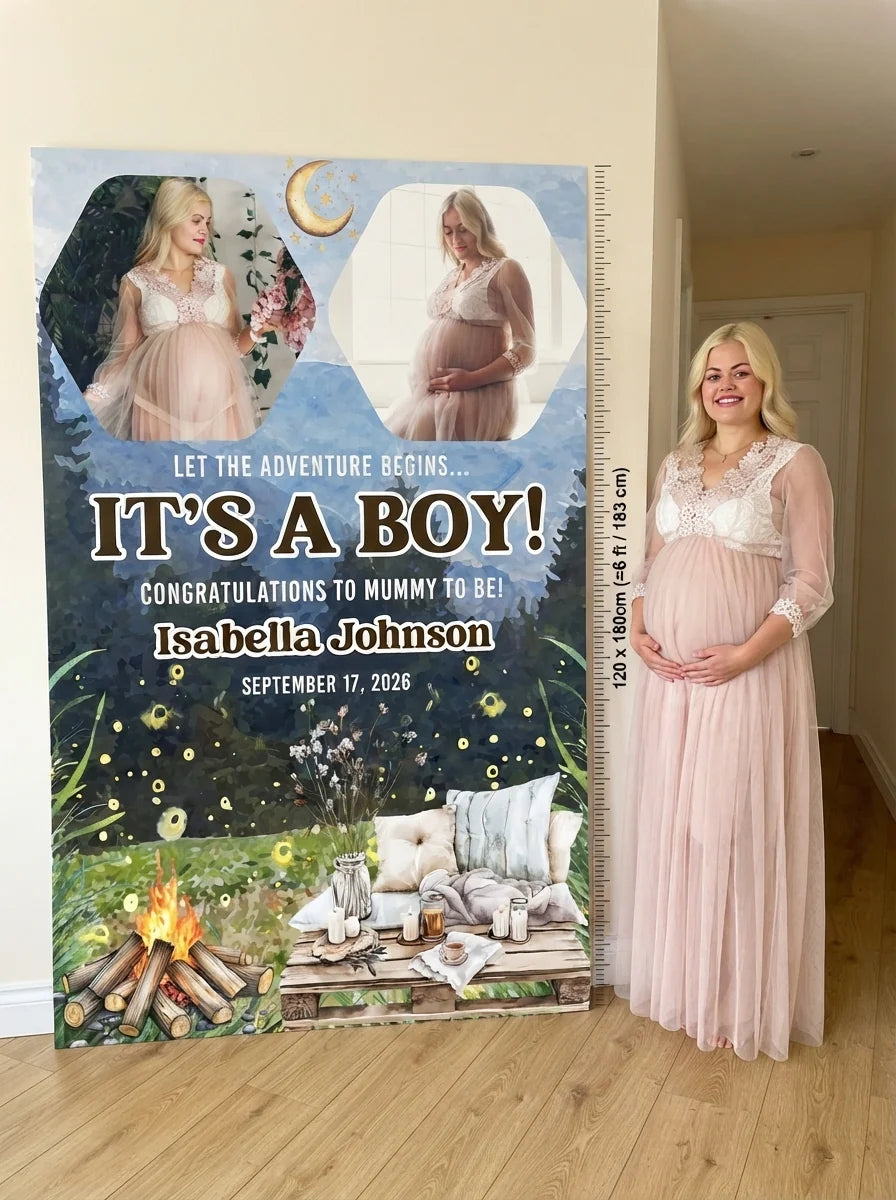 Person standing beside the Let The Adventure It's a Boy Baby Shower Party Mega Card for scale in a size guide