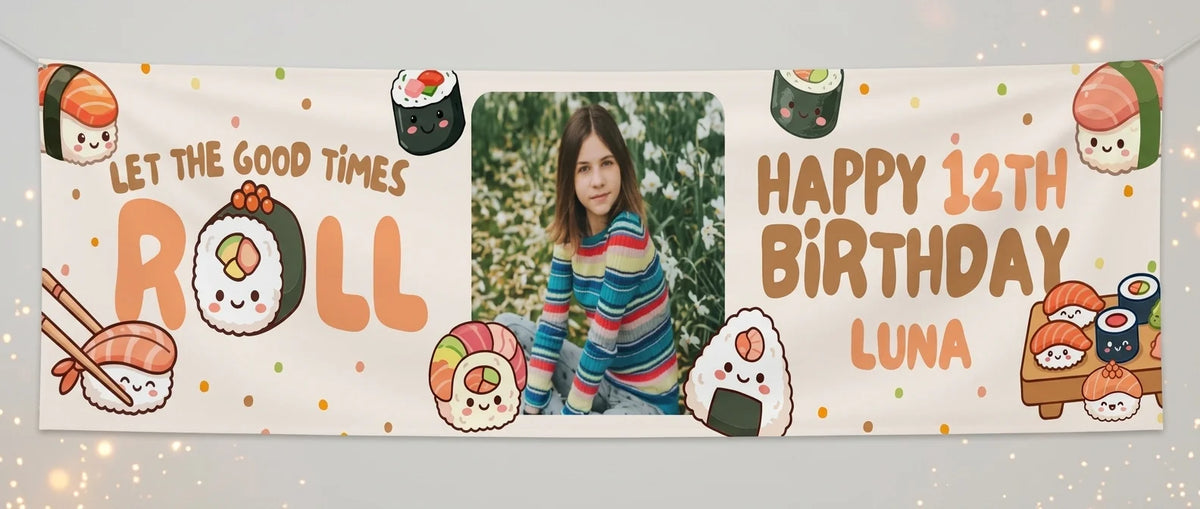 Personalised Let The Good Times Roll Birthday Party Banner displayed against a plain studio background