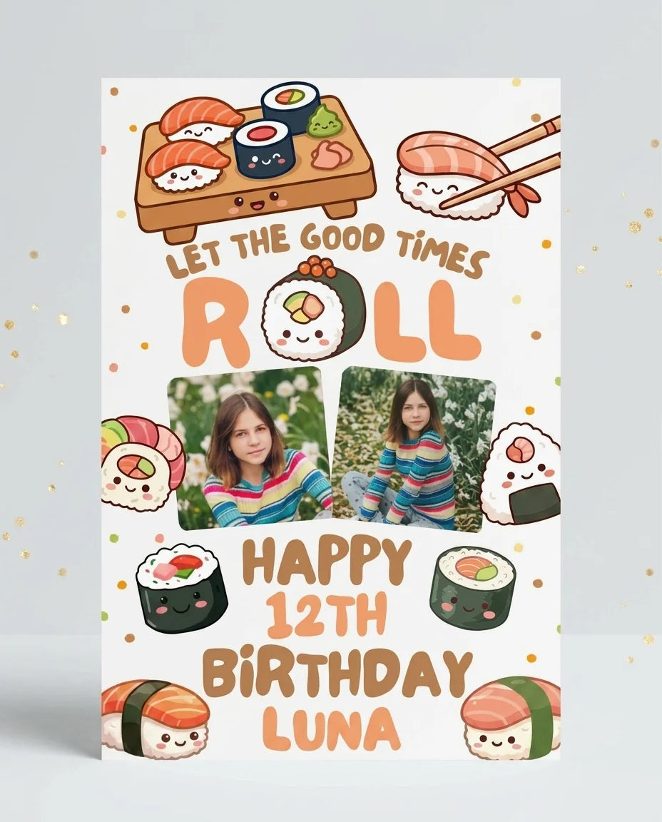 Personalised Let The Good Times Roll Birthday Party Mega Card displayed against a plain studio background
