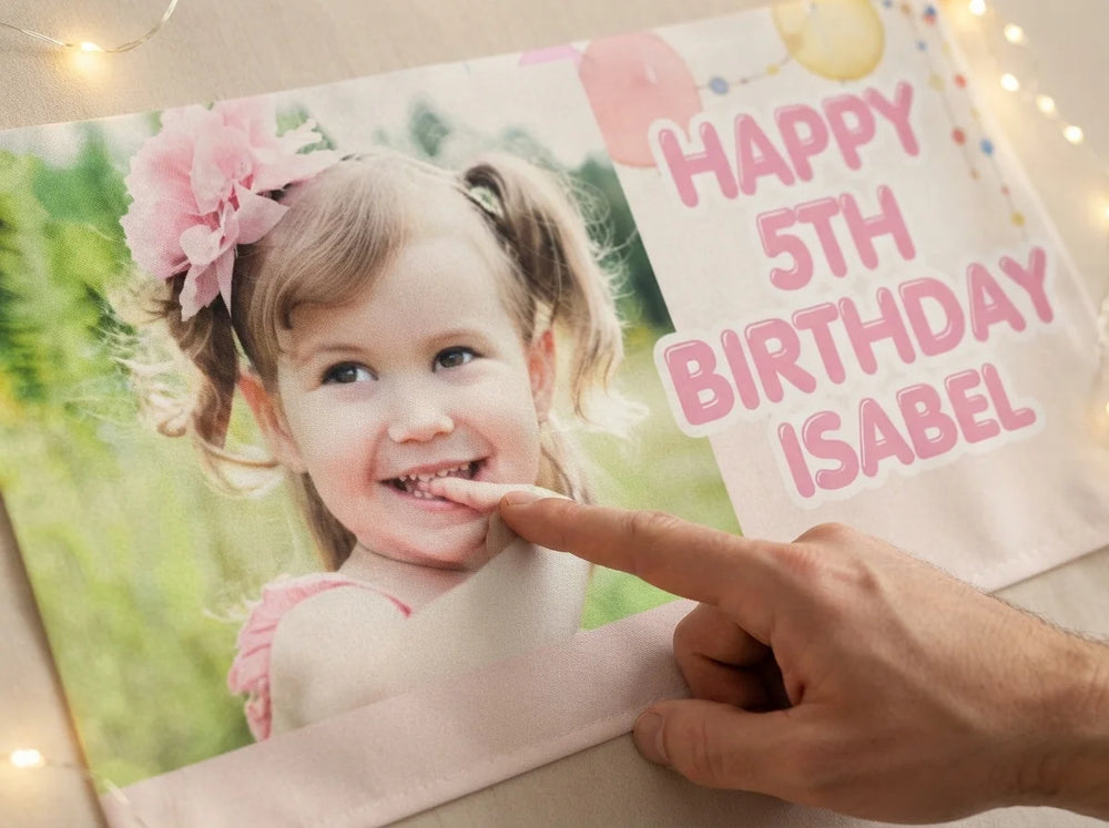 Close-up of the personalised name and photo printed on the Let's Pawty Birthday Party Banner