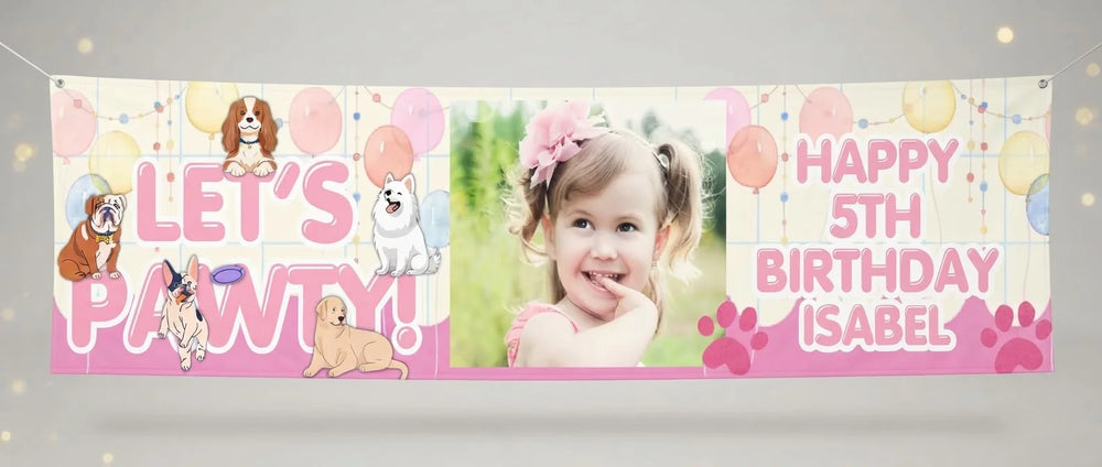 Personalised Let's Pawty Birthday Party Banner displayed against a plain studio background