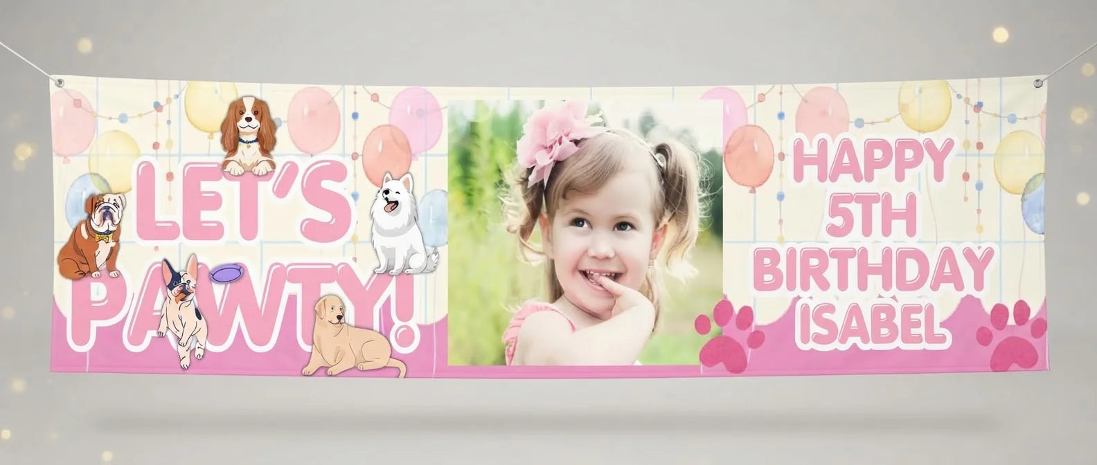 Personalised Let's Pawty Birthday Party Banner displayed against a plain studio background