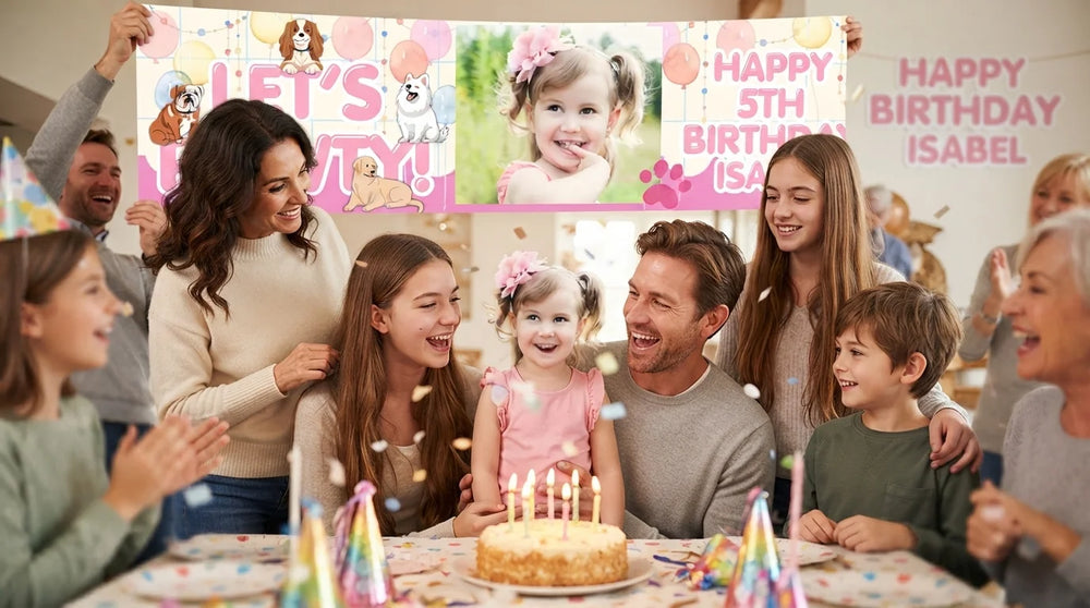 Friends and family celebrating with the personalised Let's Pawty Birthday Party Banner