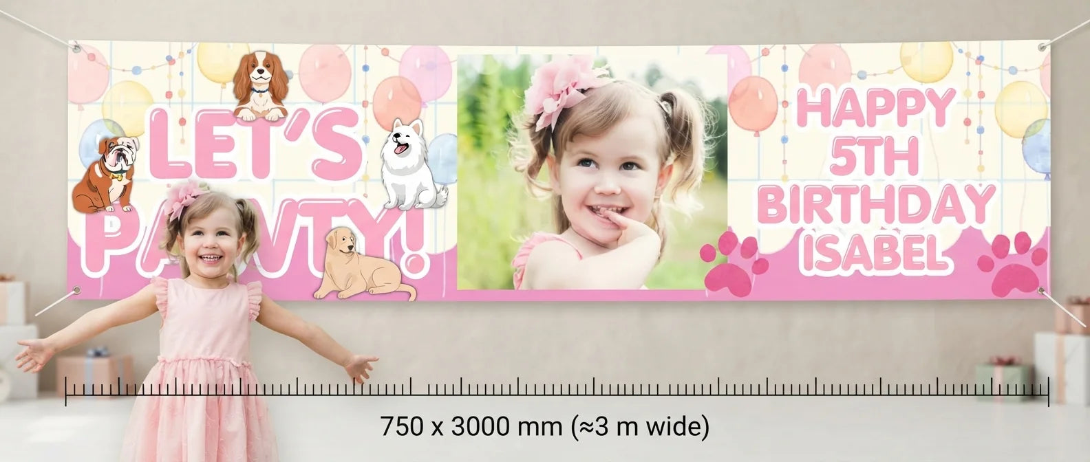 Person standing beside the Let's Pawty Birthday Party Banner for scale, with size guide showing 750 x 3000 mm