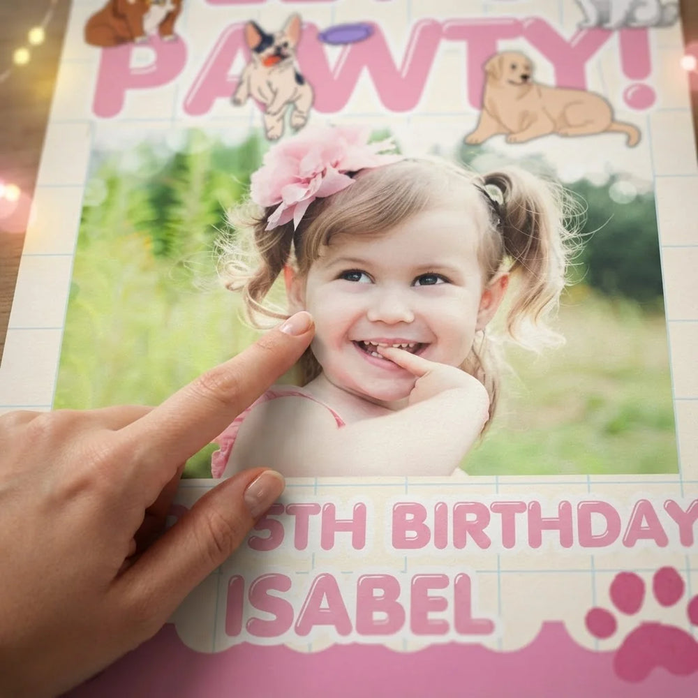 Close-up of the personalised name and photo printed on the Let's Pawty Birthday Party Mega Card